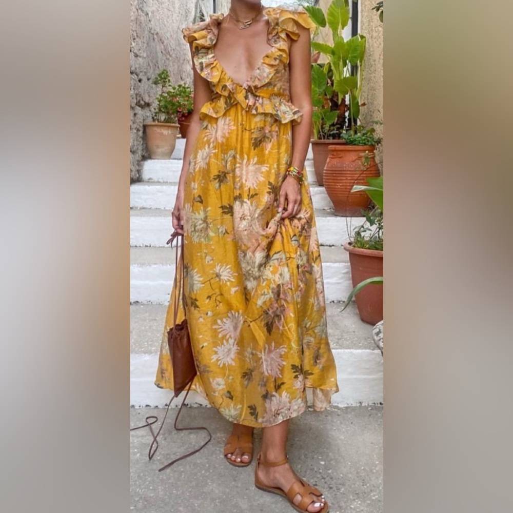 H&M Mustard Yellow Floral Ruffle Maxi Dress